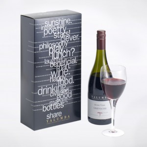 A retail pack for two bottles of Yalumba Wine, printed on 1 sided Kraft pack in black and 3 spot metalics, with an all over gloss varnish.