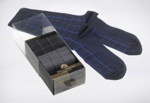 A clear view plastic sleeve to view the product, this retail packaging for three pairs of socks was inspired by the “sock drawer” with a pull tab at the front.